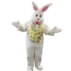Full-body Bunny Rabbit Mascot Costume, featuring white fur, pink inner ears, pink nose, black eyes, and a pink/red open mouth. The costume includes a vest with an Easter egg print. Posed standing with hands out to the sides against a white background.