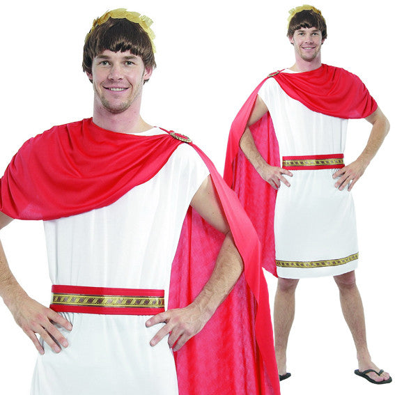 caesar classic costume in white robe and red cape, belt and laurel.