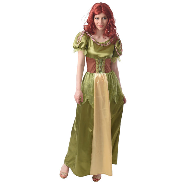 Forest fairy costume, long dress with corset look front, puffy sleeves with leaf look fabric peplin.