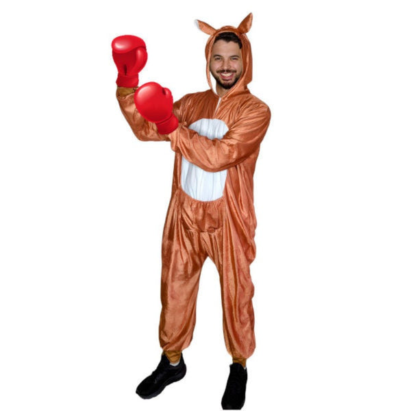 kangaroo adult costume jumpsuit with pouch, tail is missing.