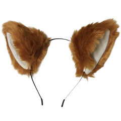 Caramel-colored fox or cat ears headband featuring soft, caramel brown faux faur with light cream fabric inner ears. The ears are attached to a black metal headband, designed for a comfortable fit. Displayed on a white background.