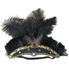 Black carnival feather headpiece laid flat on a white background, featuring large ostrich feathers and a comfortable band with gold trim details.