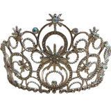 Close-up front view of a silver metal bubble style tiara, showcasing the round bubble designs, starburst shapes, and intricate diamontes and rhinestones in iridescent and silver, against a white background.