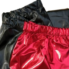 Black and red metallic harlequin tights, one leg red and one leg black, displayed on a white background.