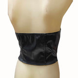 Back view of a black leather-look corset top on a mannequin, shorter than the front with no closure, on a white background