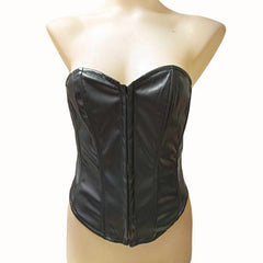 Black leather-look corset top on a mannequin, front-closing design, covering from bust to belly button, on a white background