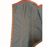 Inside view of the front of a brown leather-look corset, showing closures and interior details, on a white background