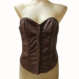 Brown leather-look corset top on a mannequin, front-closing design, covering from bust to belly button, on a white background