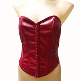 Red leather-look corset top on a mannequin, front-closing design, covering from bust to belly button, on a white background