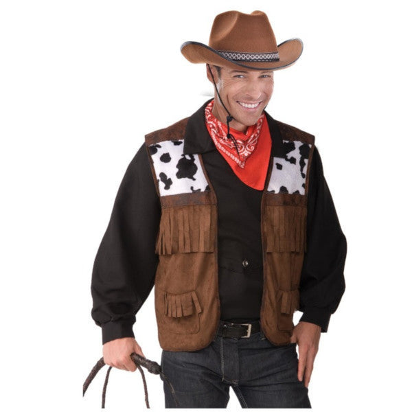 Wild west fringed cowboy vest for men, brown with fringing and cow print panel.