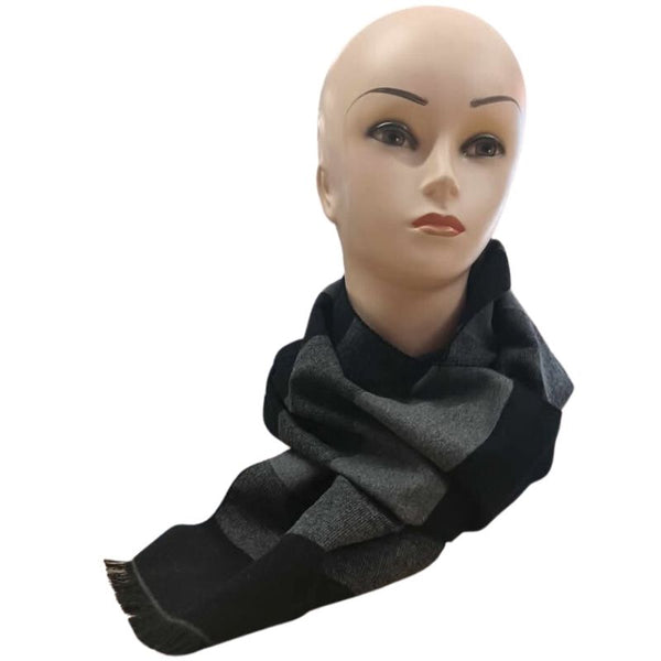 Deluxe grey and black stripe scarf wrapped around the neck of a mannequin without a wig, against a white background, showcasing the scarf's texture and design