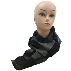 Deluxe grey and black stripe scarf wrapped around the neck of a mannequin without a wig, against a white background, showcasing the scarf's texture and design