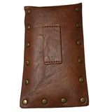 Back view of a deluxe medieval-style bag in brown, featuring bronze-gold rivet details and a sewn loop for attaching to a belt, against a white background