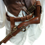 Medieval-style belt bag in brown with bronze-gold metal details, a matching belt and holster/skirt hike. Modelled with pirate accessories.