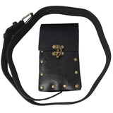 Medieval-style belt bag in black with bronze-gold rivet details and a matching bronze-gold closure, encircled by a black belt with a bronze-gold buckle