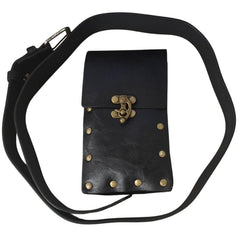 Medieval-style belt bag in brown with bronze-gold rivet details and a matching bronze-gold closure, encircled by a brown belt with a bronze-gold buckle