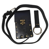 Medieval-style belt bag in black with bronze-gold rivet details and a matching bronze-gold closure, encircled by a black belt with a bronze-gold buckle