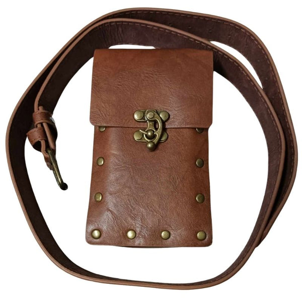 Medieval-style belt bag in brown with bronze-gold rivet details and a matching bronze-gold closure, encircled by a brown belt with a bronze-gold buckle