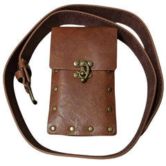 Medieval-style belt bag in brown with bronze-gold rivet details and a matching bronze-gold closure, encircled by a brown belt with a bronze-gold buckle