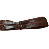 Deluxe Medieval Viking Belt in brown, with intricate bronze-gold buckles, gold bronze rivets, and Viking-inspired details, laid flat on a white background, showing the belt fully done up