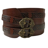Deluxe Medieval Viking Belt in brown with intricate bronze-gold buckles, featuring Viking-inspired back details and two smaller straps that wrap around, shown curled up in a close-up front view