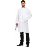 Doctors white coat is knee length.