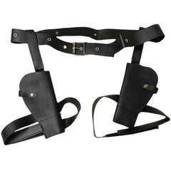 Black Double Leg Holsters and Belt set, featuring a belt with silver eyelets and buckle, two leg holsters, and adjustable thigh straps, made from durable leather-look vinyl
