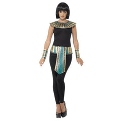Egyptian kit accessories includes collar, cuffs and belt in gold and blue.