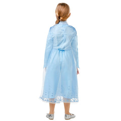 Elsa frozen 2 clasic costume, child, mid claf dress, printed satin skirt, long sleeves, silver sequin v panel at chest, cape attaches with velcro.