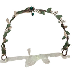 Mannequin head with a black wig wearing an Elven Leaf Crown featuring a brown base, green and gold woven leaves, a green gem in a gold casing with swirly details at the front, and another green gem hanging below