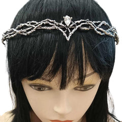 Elven medieval fantasy crown crafted from metal with intricate textures, a silver finish, and a central gem at the front, shown from the front view on a white background