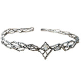 Elven medieval fantasy crown crafted from metal with intricate textures, a silver finish, and a central gem at the front, shown from the front view on a white background