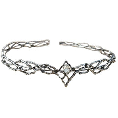 Elven medieval fantasy crown crafted from metal with intricate textures, a silver finish, and a central gem at the front, shown from the front view on a white background