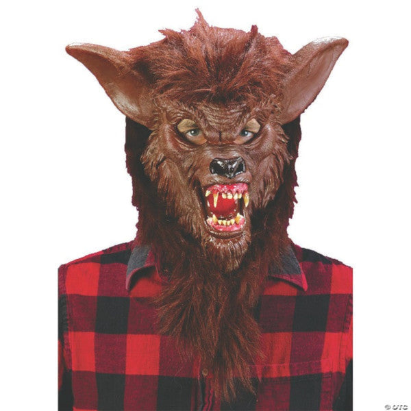 Werewolf deluxe mask in latex with brown fur hood.