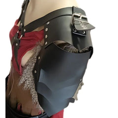 Fantasy Warrior Armour featuring high-quality faux leather with stacked shapes of leather riveted at the side. The armour includes adjustable belts with silver rivets and buckles, X-shaped attachments at the front and back, creating a fierce and detailed design. Displayed flat on a white background to showcase the intricate craftsmanship.