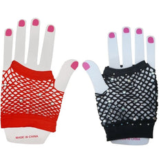 Wrist-length fishnet gloves in black or red, each adorned with silver diamantes, displayed on a white background.