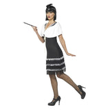 Flapper Costume, Black & Fur Stole , frining at hemline and silver detail at neckline.