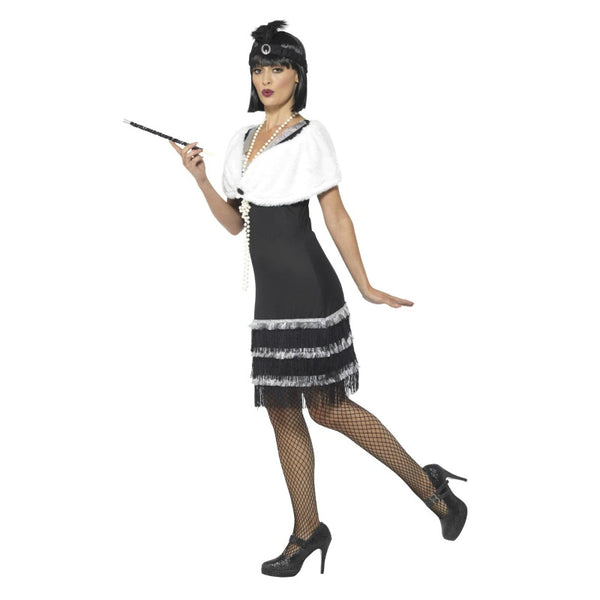 Flapper Costume, Black & Fur Stole , frining at hemline and silver detail at neckline.