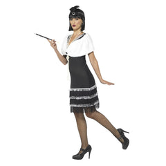 Flapper Costume, Black & Fur Stole , frining at hemline and silver detail at neckline.