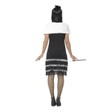 Flapper Costume, Black & Fur Stole , frining at hemline and silver detail at neckline.