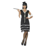 Flapper Costume, Black & Fur Stole , frining at hemline and silver detail at neckline.