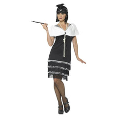 Flapper Costume, Black & Fur Stole , frining at hemline and silver detail at neckline.