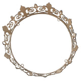 Top view of a gold crown with fleur-de-lis shapes and clear gems, highlighting the full design