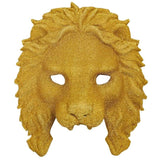 Mask in the shape of a lion with open areas for eyes and lower jaw. Mask is a gold glitter fabric colour on a white background.