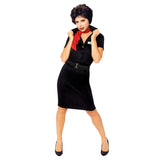 Grease rizzo womens costume, a line black dress with belt and red scarf.