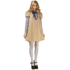 Front view of the Horror Doll Costume worn by a person in a strawberry blonde wig, white stockings, and black shoes. The beige dress features front pleats and styled to evoke a creepy doll look in a neutral pose.