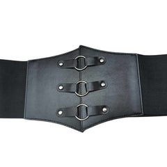 Medieval Pirate Waist Belt in brown, with three silver rings and silver rivets, worn on a mannequin dressed in a white pirate medieval shirt, against a white background