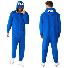 Cookie monster onesie, very furry fabric, attached hood printed hood lining with eyes on hood plus pockets.