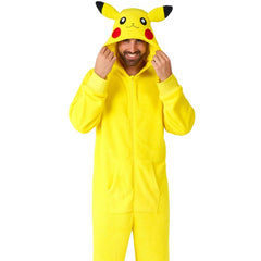 Pikachu onesie with attached hood and cute face and ears, plus pockets.