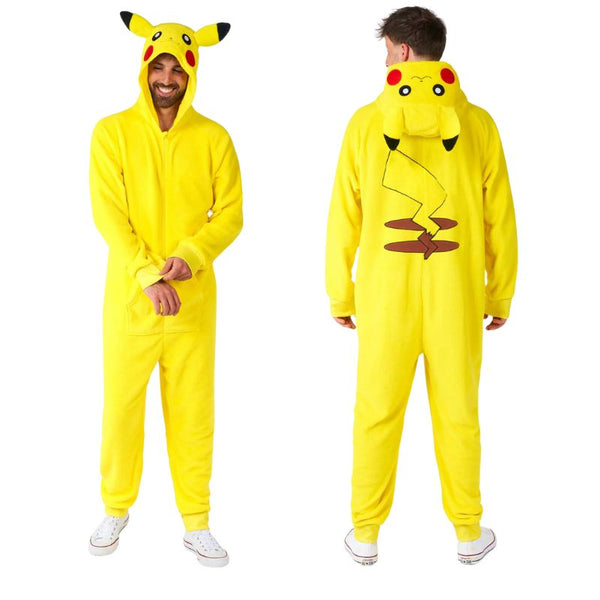 Pikachu onesie with attached hood and cute face and ears, tail printed on the back. Size runs small.
